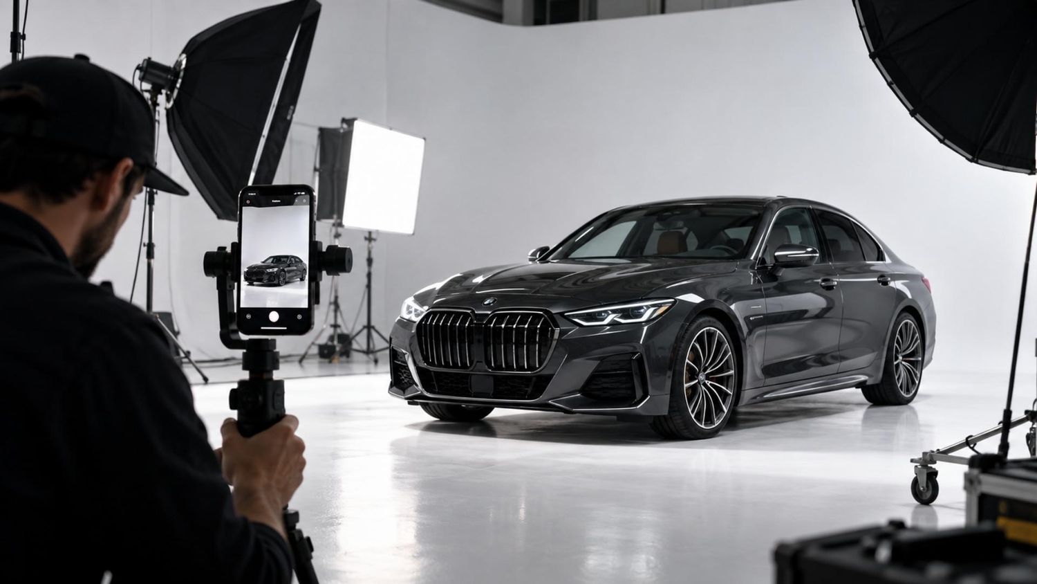 Photographer capturing a dark BMW 7 Series luxury sedan during a professional studio photo shoot with softbox lighting.