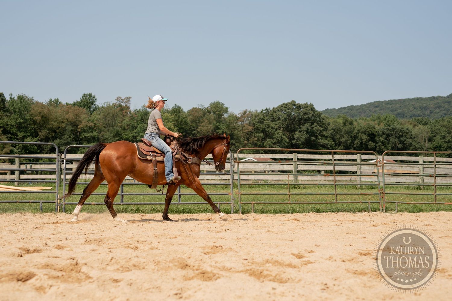 Chestnut horse and rider practicing dressage movements in a fenced training arena.