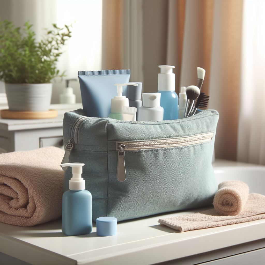 a blue washbag with toiletries in sitting in a cream bathroom