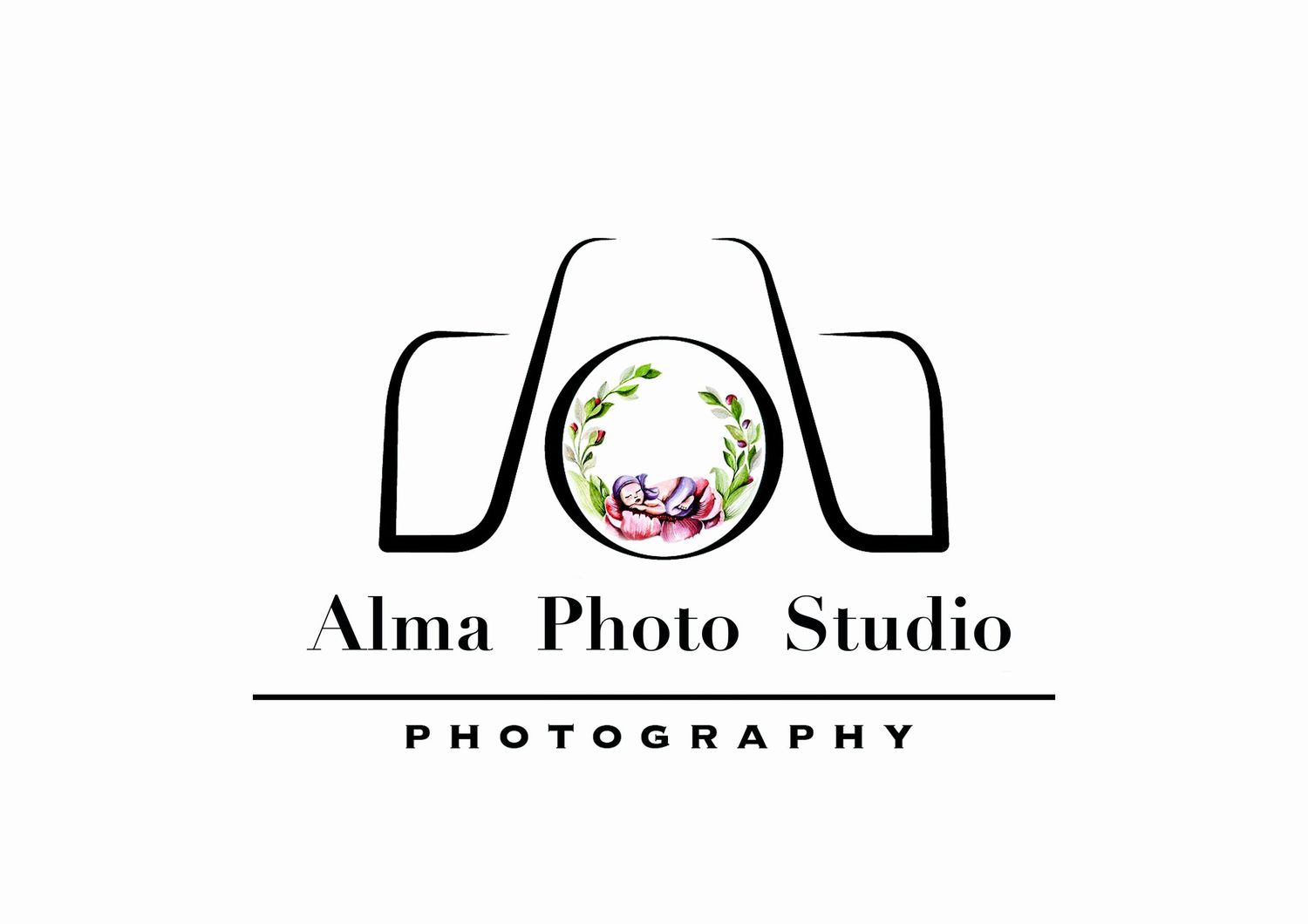 Minimalist camera logo design for Alma Photo Studio with green and pink accents.