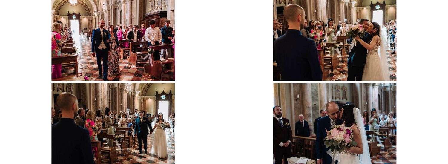 Guests gather in an ornate church as a bride walks down the aisle during a traditional wedding ceremony.
