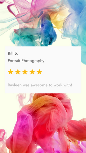 Colorful flowing ink art design framing a 5-star photography review.