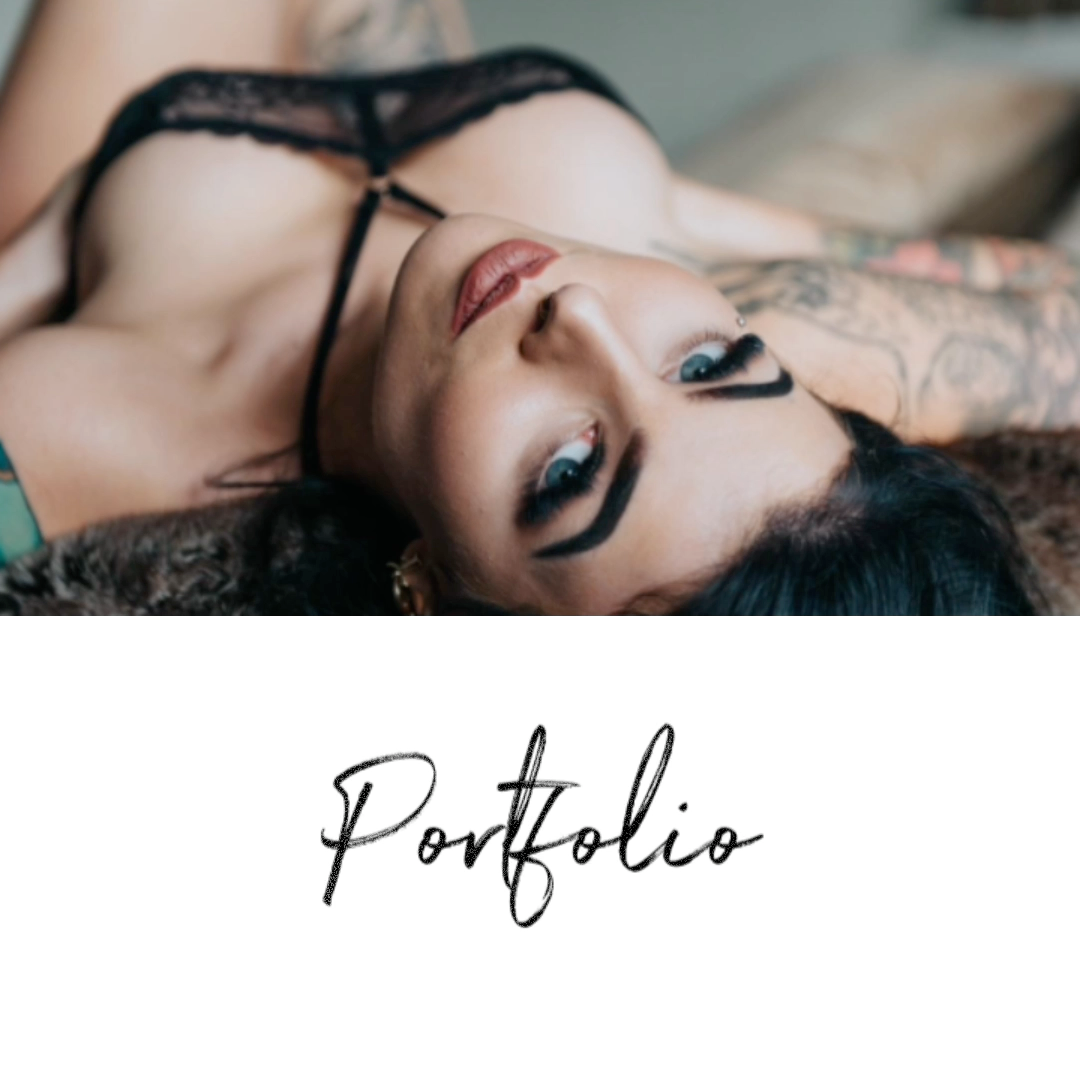 Boudoir portfolio cover showing person in black lingerie  with dramatic makeup and tattoos.Boudoir By Jane - Photo By Jane Svensson