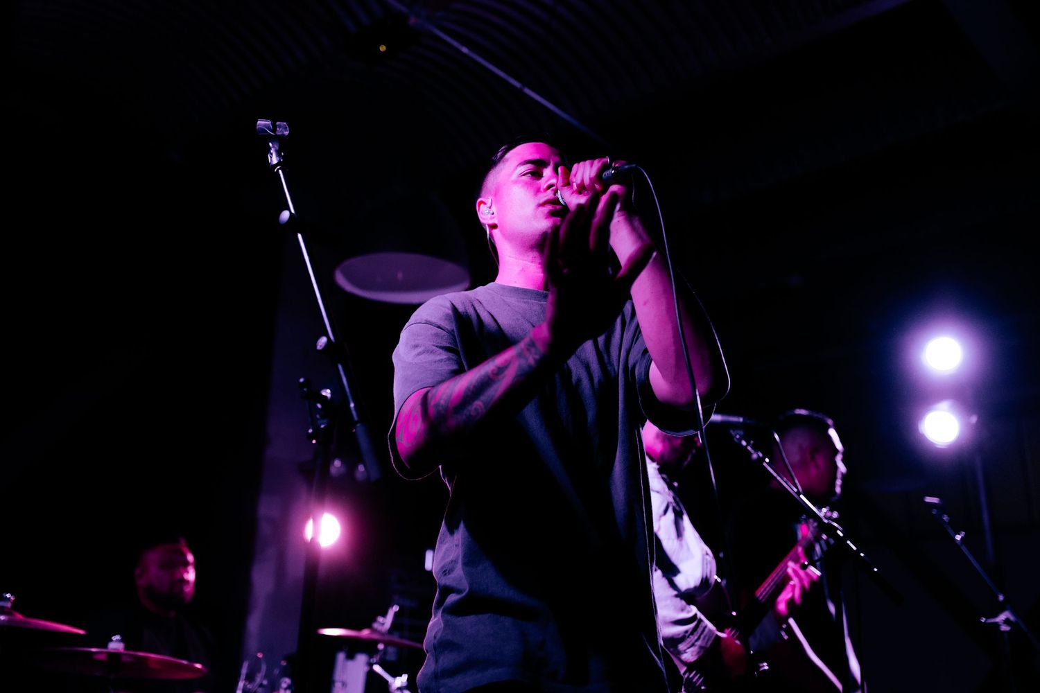 Performer singing passionately on stage with purple lighting and microphone.