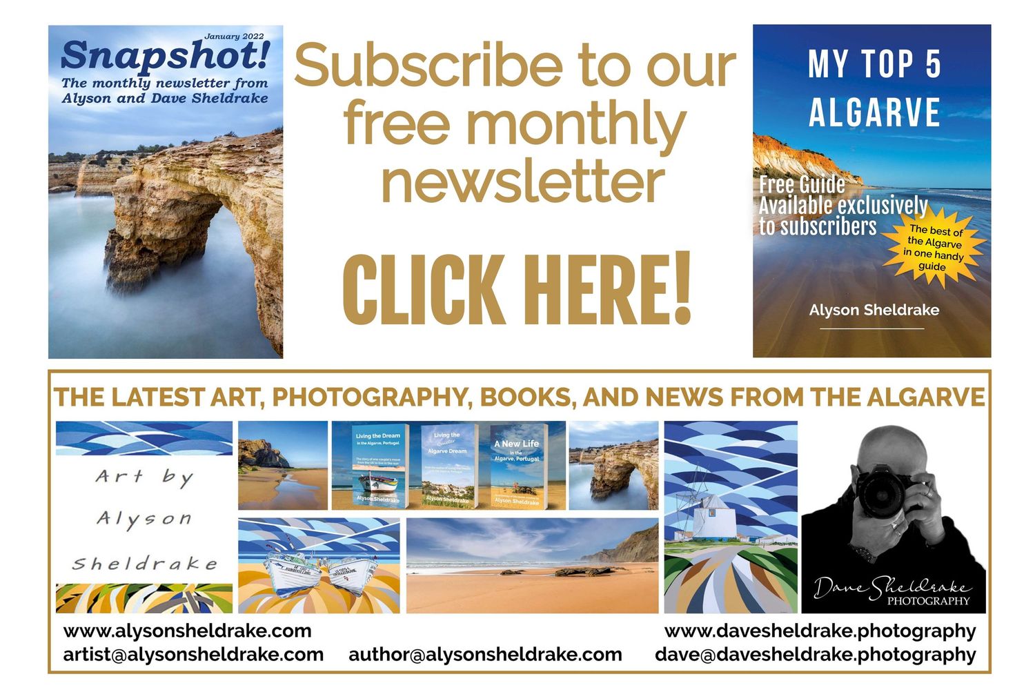 Subscribe to Alyson and Dave Sheldrake's free monthly newsletter for art, photography, books, and Algarve news.