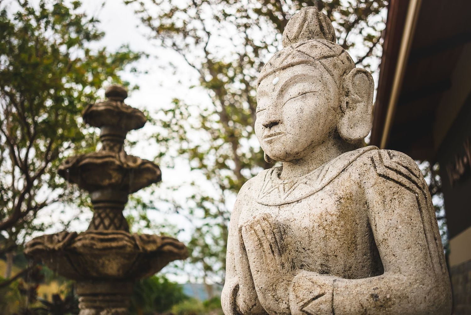 Stone Buddha statue in garden setting with ornate fountain in background.