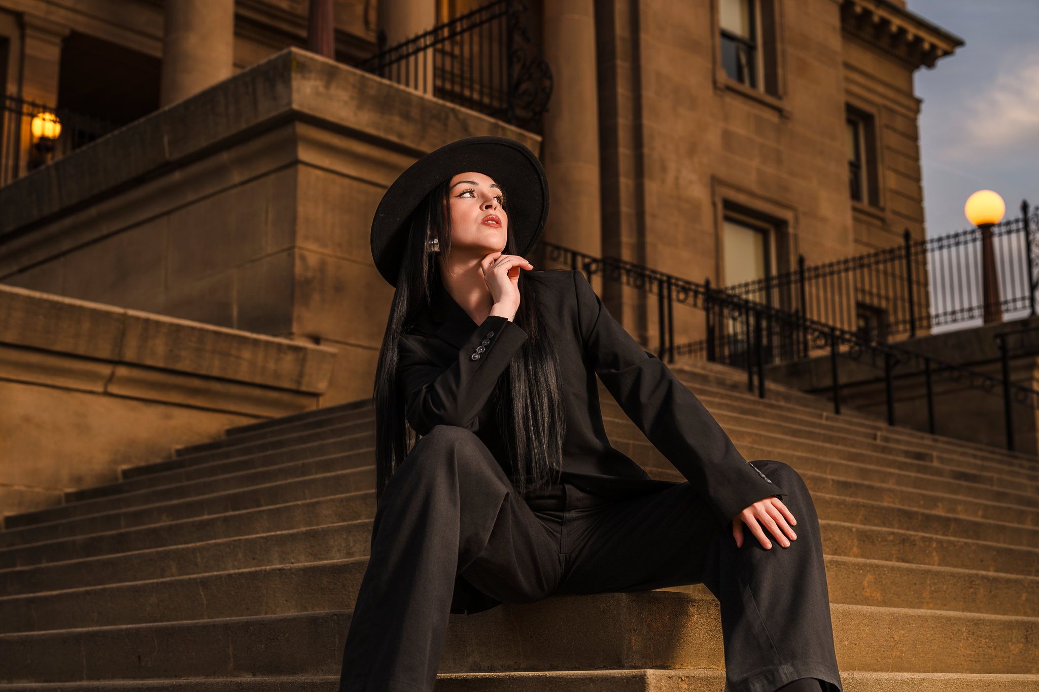 Portrait Photographer Boise Idaho, Fashion Inspired Senior Portraits, Downtown Boise Capital Building during Sunset