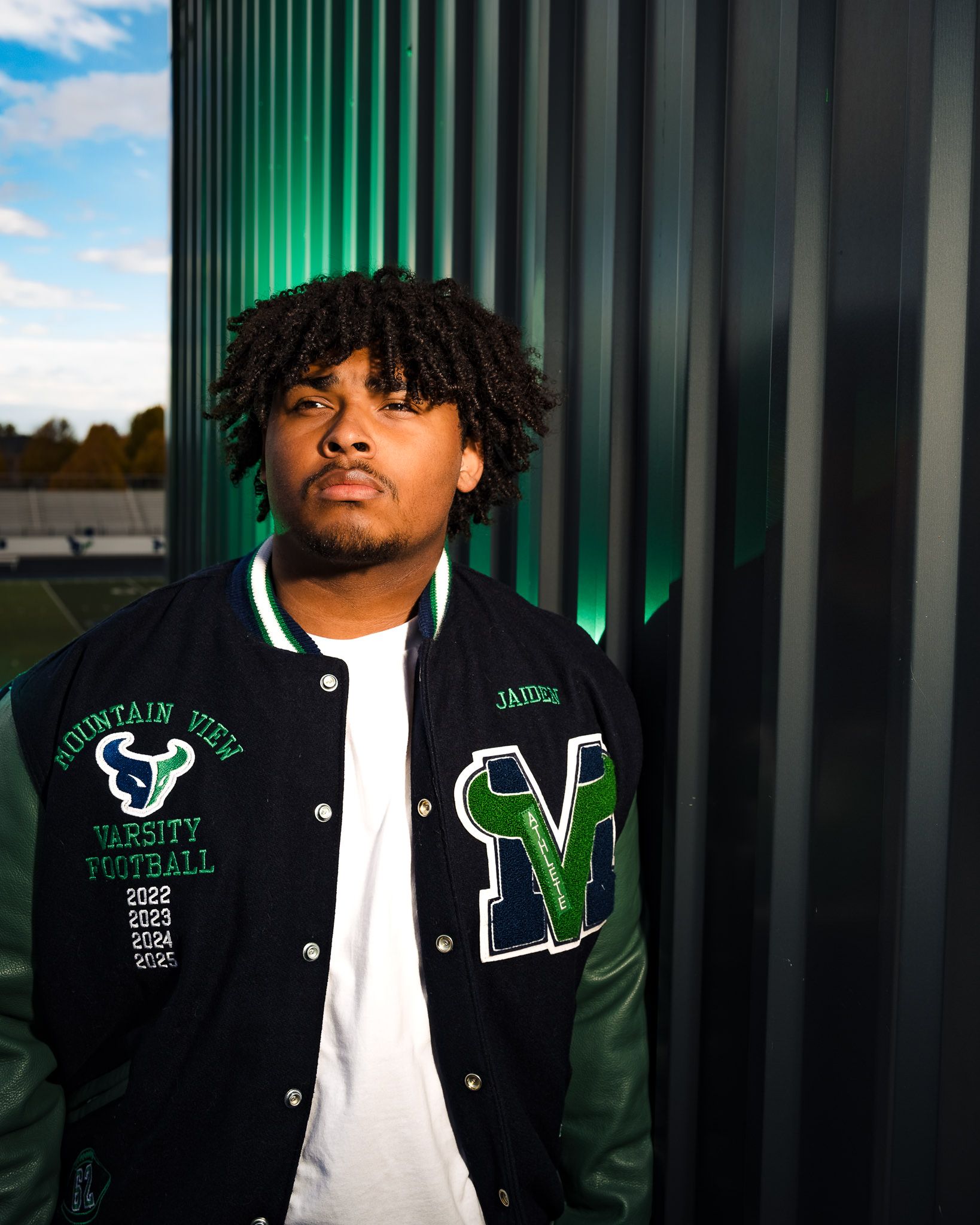 Senior photos at Mountain View High School, Letterman Jacket