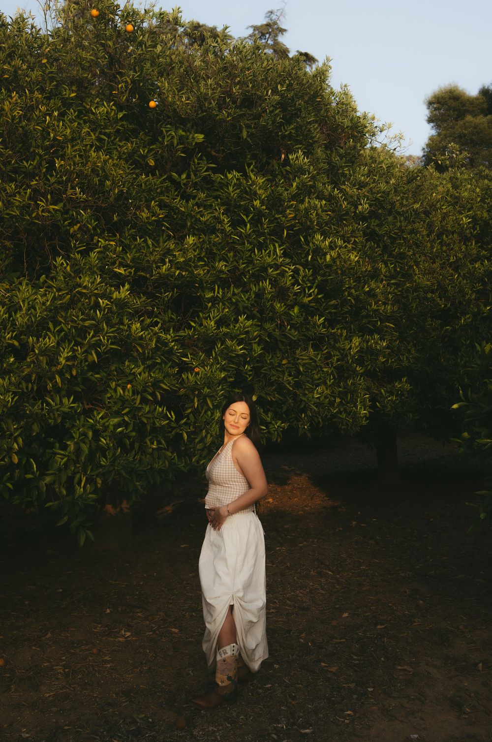 A woman in a white dress walks through a sunlit citrus grove at golden hour.