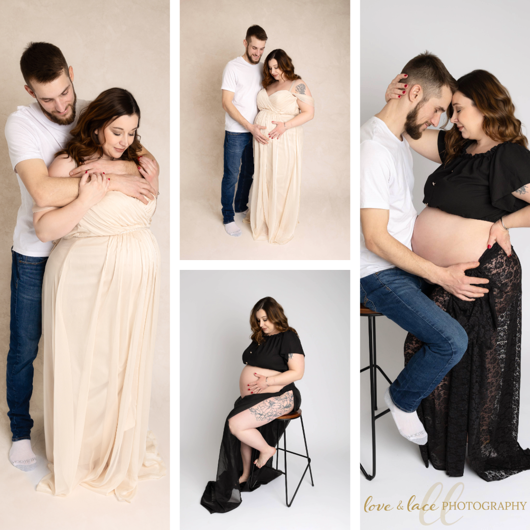 Studio maternity photoshoot series featuring couple in formal wear against white backdrop.