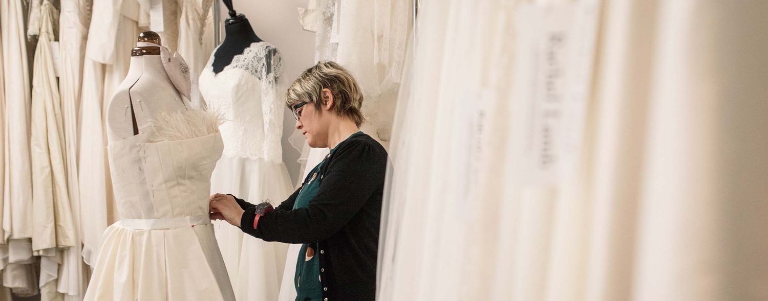 Brand Photographer in Hertfordshire Becky Harley Creative bridal designer Rachel working on wedding dresses
