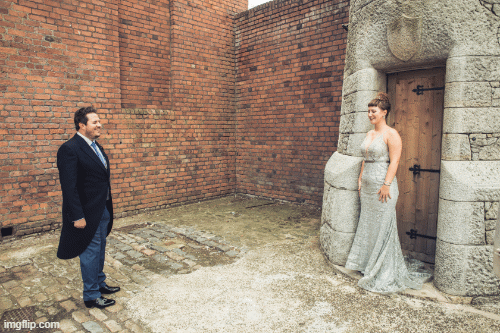 Bride and groom first look Titanic Hotel Liverpool