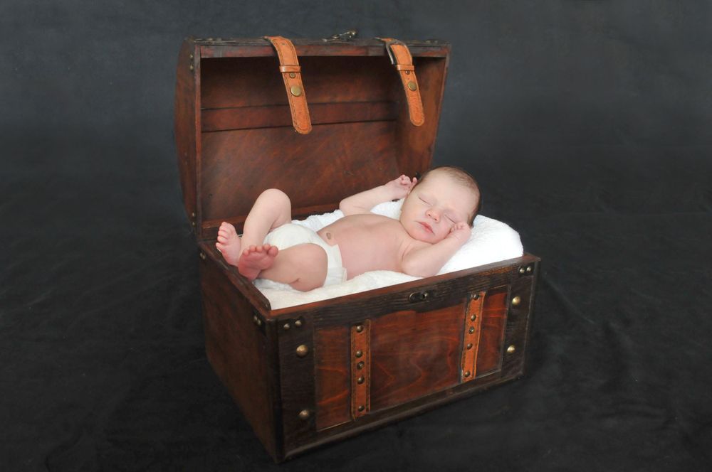 newborn boy in vintage trunk photo