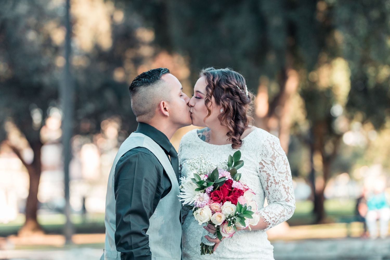 Wedding day portrait of groom and bride in natural light in Fresno, California