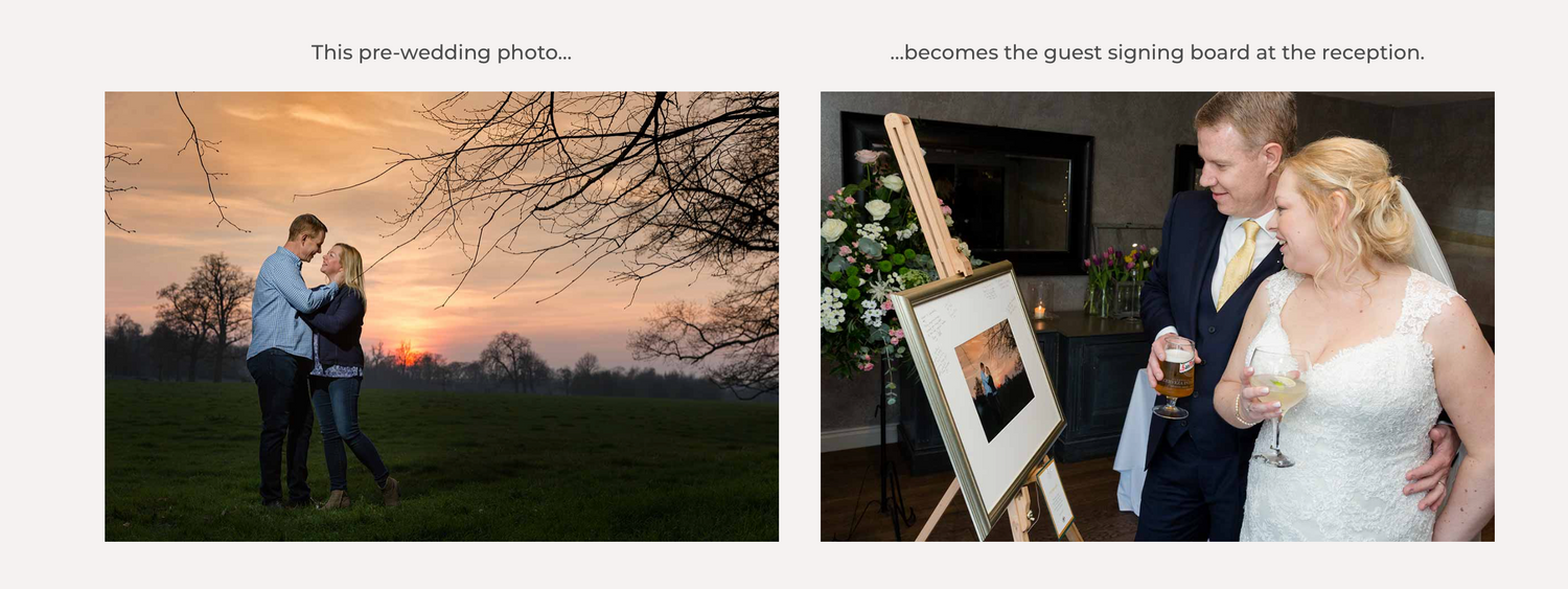 Wedding scene collage featuring sunset engagement photo and signing moment at reception.