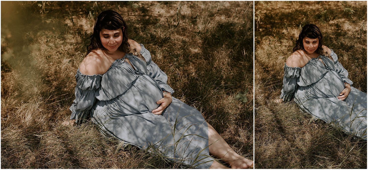 Side-by-side maternity photos capturing serene moments in a grey dress against brown foliage.
