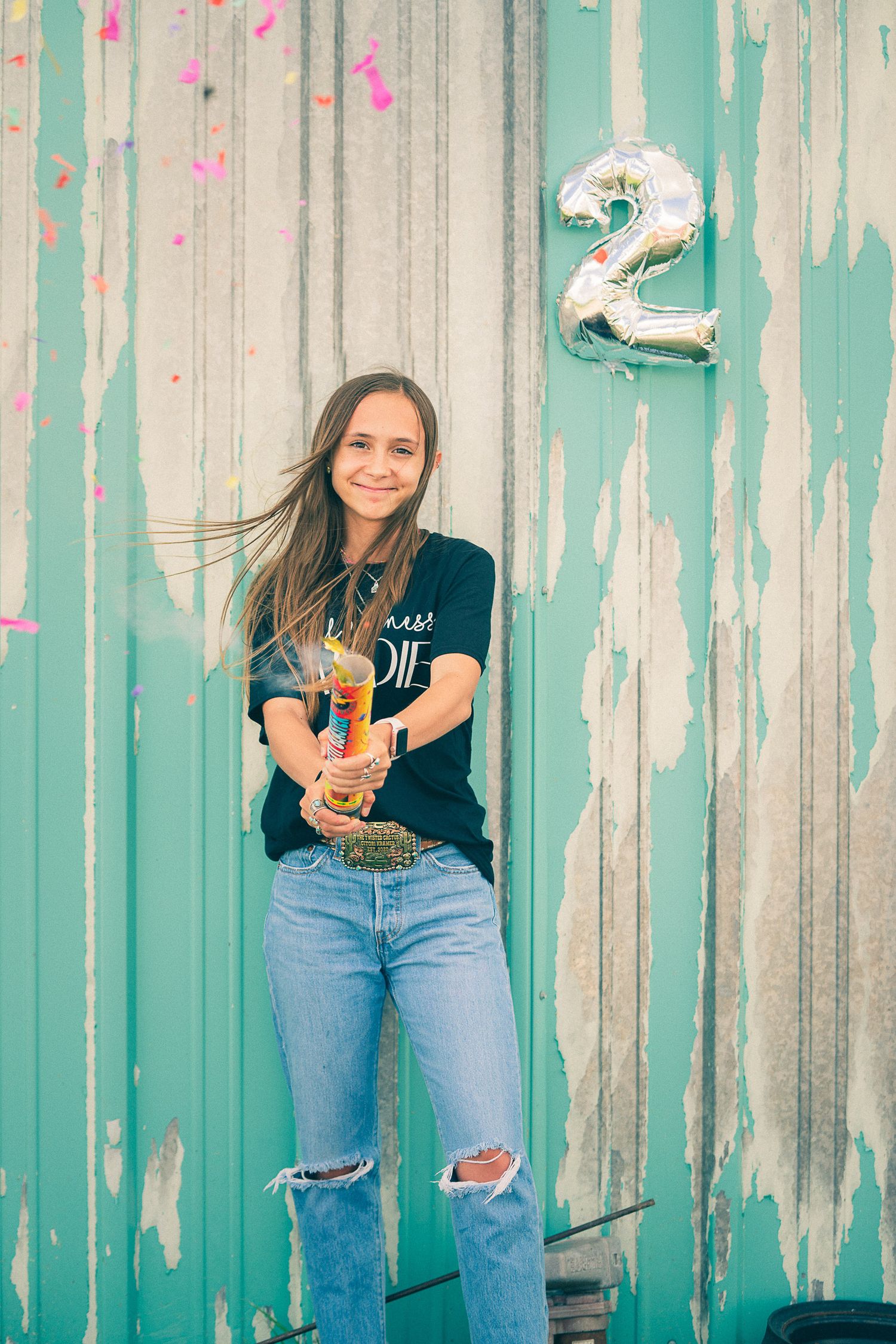 Birthday celebration portraits against distressed turquoise wall with confetti and number decorations.