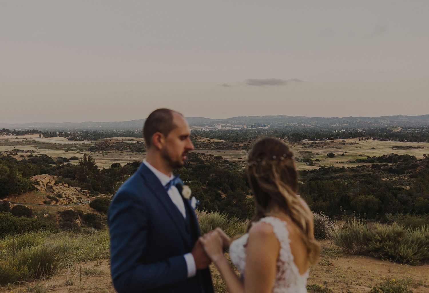 E Noelle Photography backyard wedding in Hidden Hills Los Angeles, bride and groom portrait out of focus