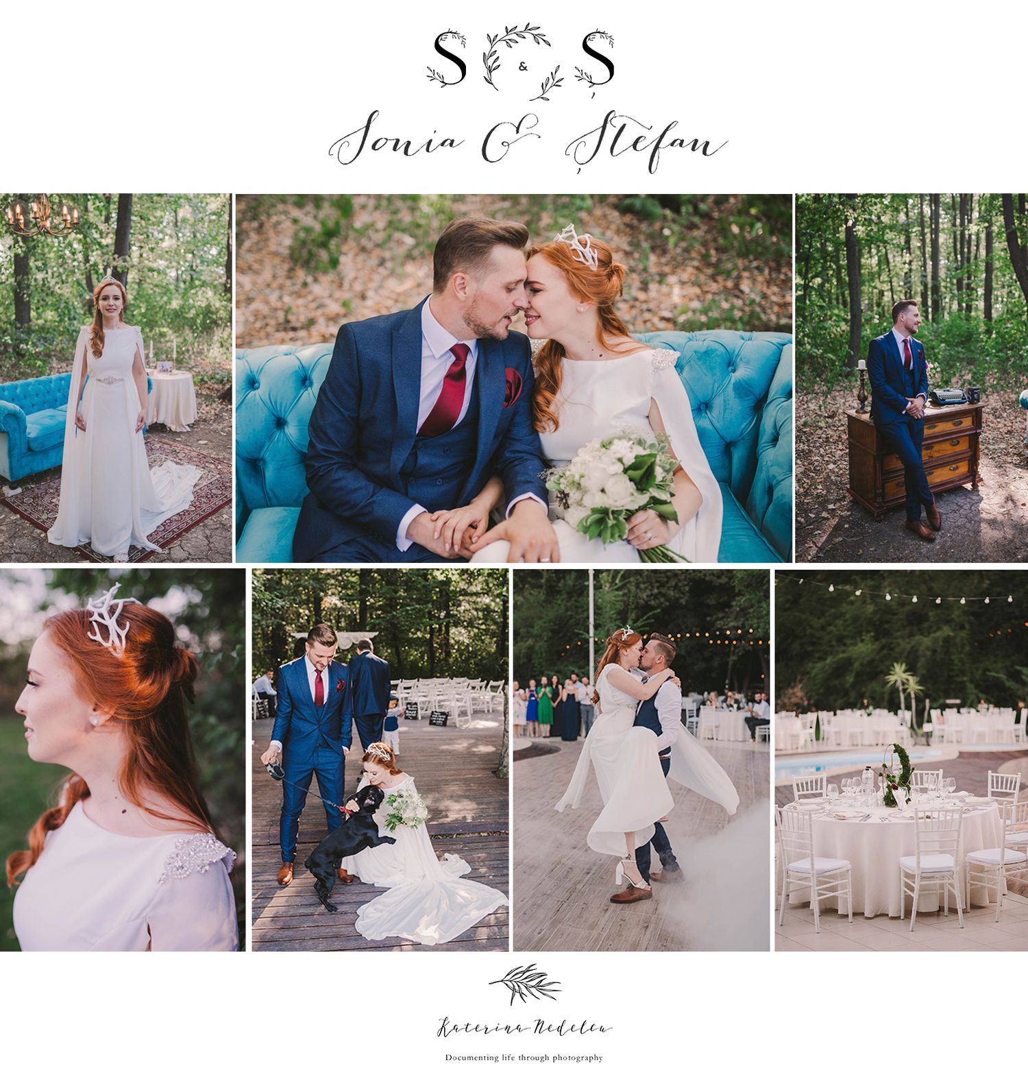 Wedding photo collage showing various moments from ceremony and reception with blue and white color scheme.