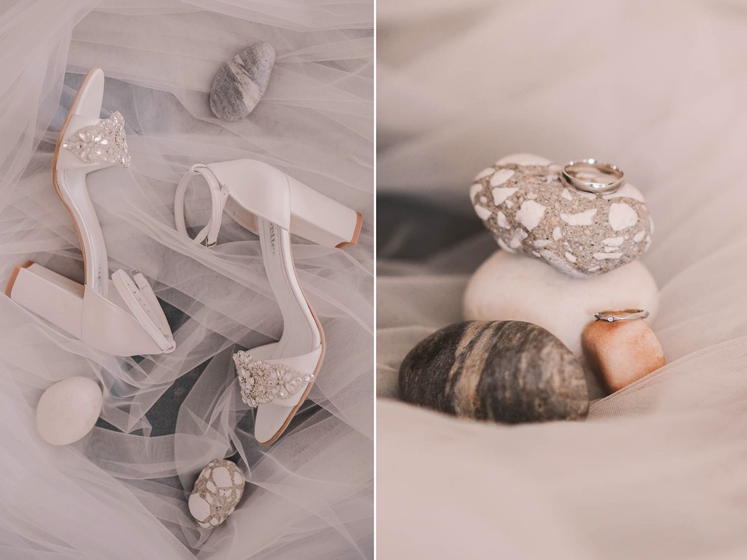 Wedding rings and jewelry details photographed on soft gray fabric.