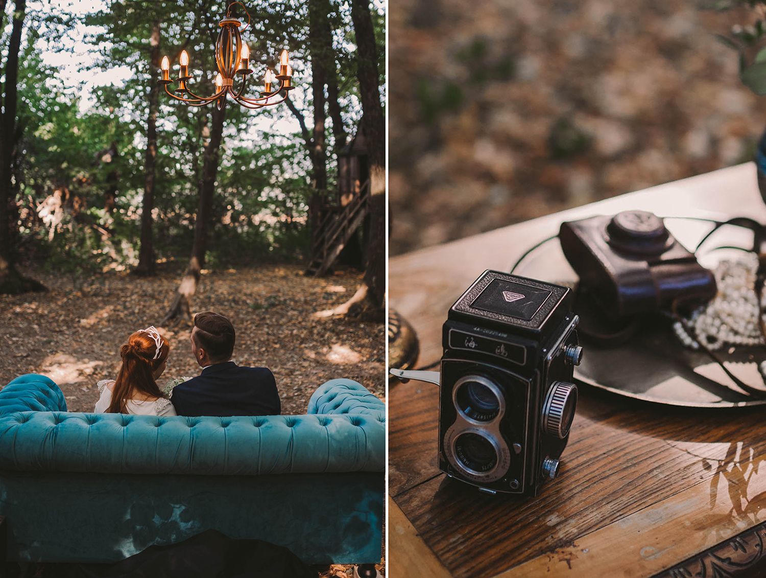 Vintage cameras and wedding detail shots arranged on wooden surfaces outdoors.