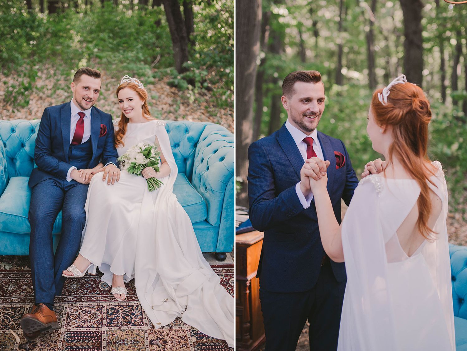 A series of romantic wedding portraits taken in a wooded setting with vintage furniture.