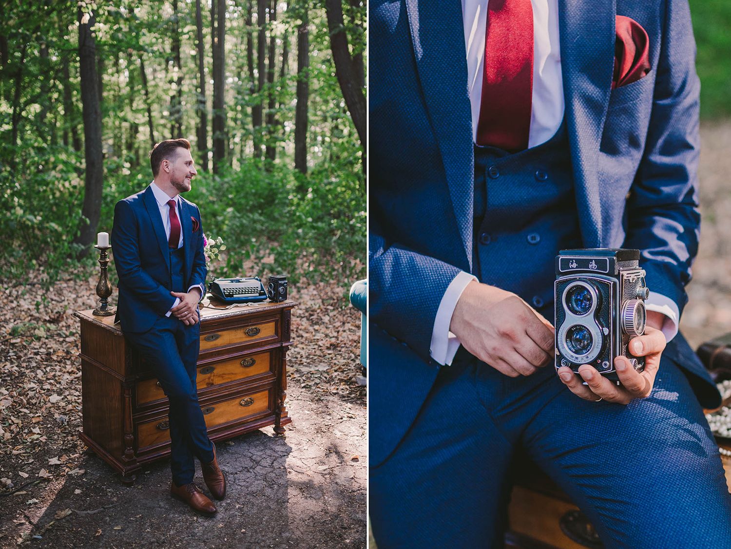 Detail shots of wedding attire including a navy suit and red tie in an outdoor setting.