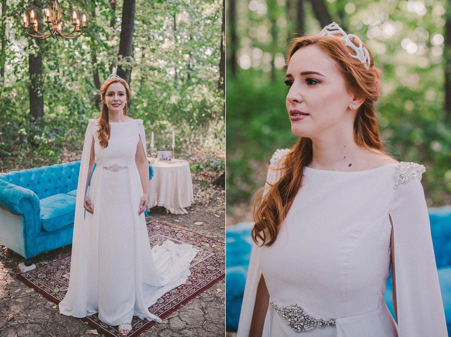 A bride in a flowing white dress poses for portraits in a woodland setting.