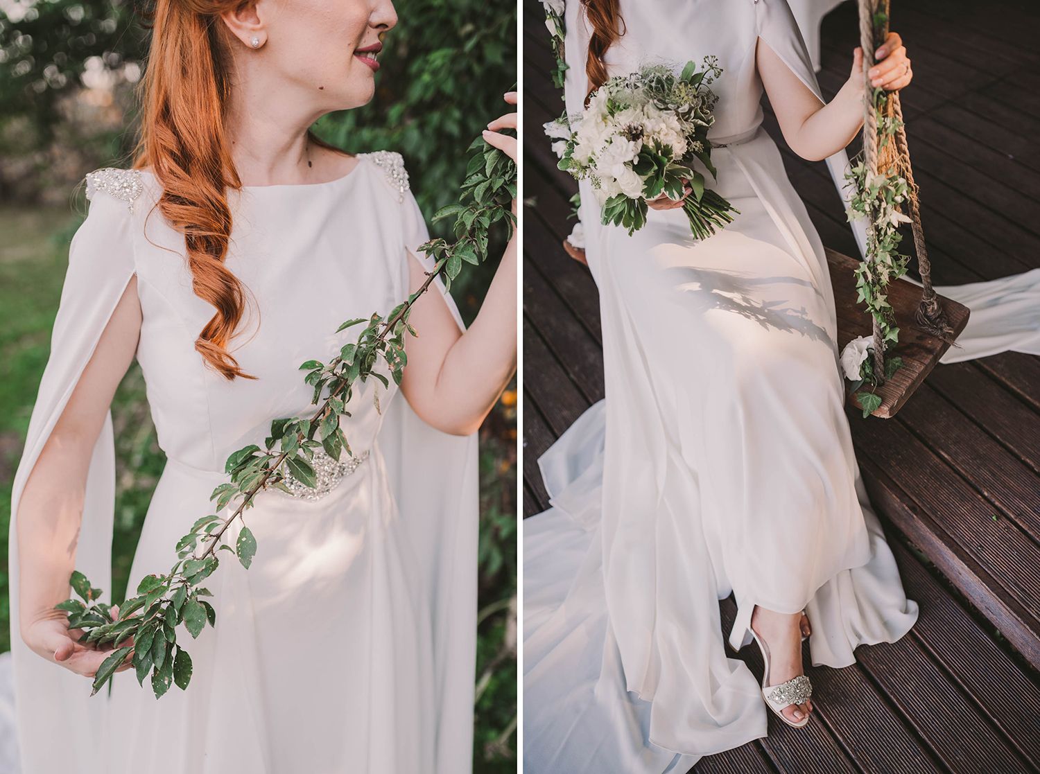 Elegant white wedding dress details with flowing cape and floral accents.