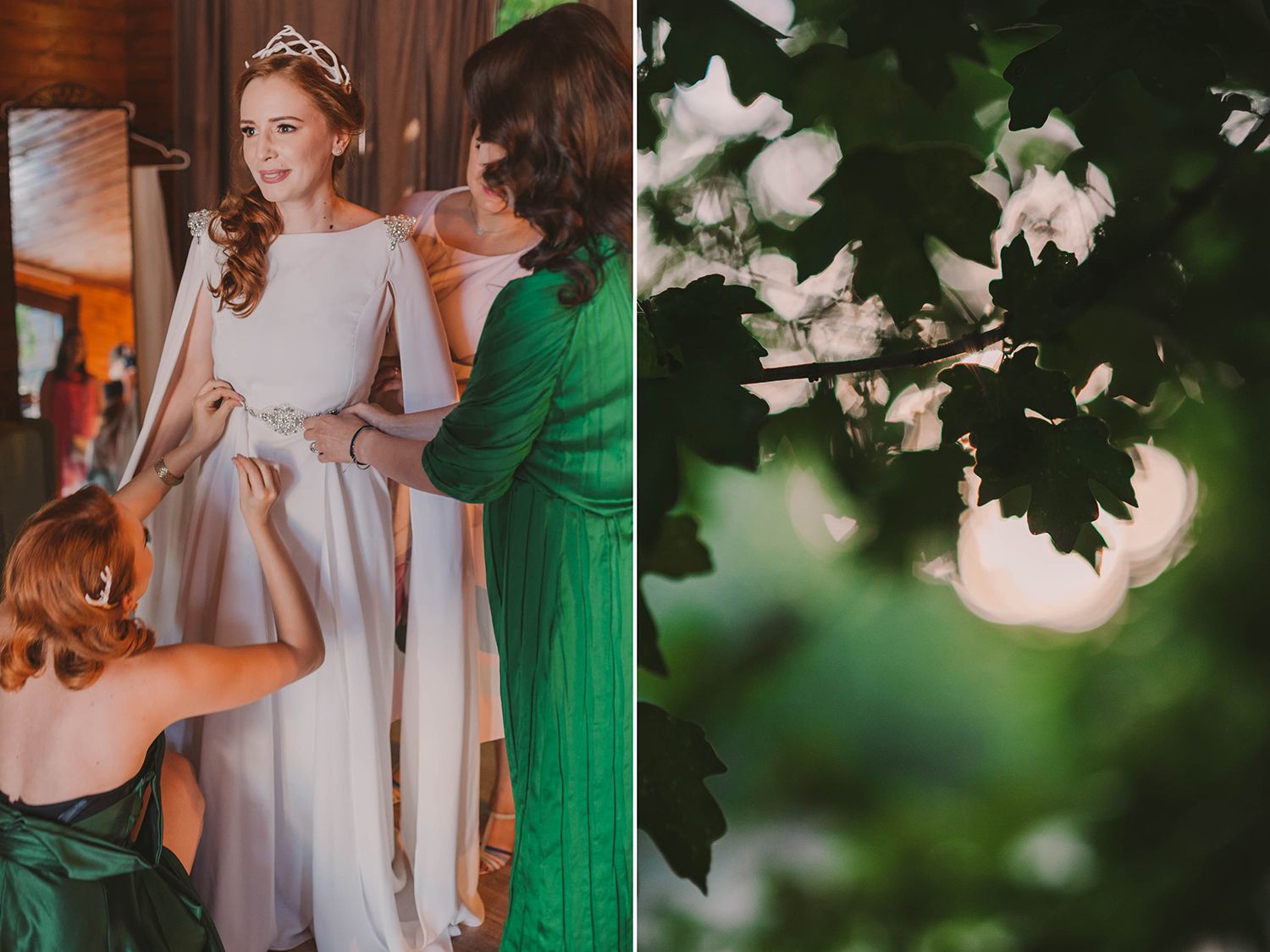 Wedding party preparation scene with emerald green and white dresses.