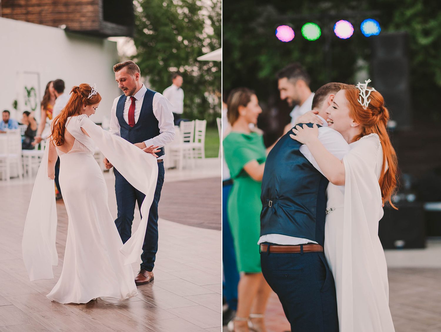 Wedding guests and couple dance together at an outdoor reception venue.