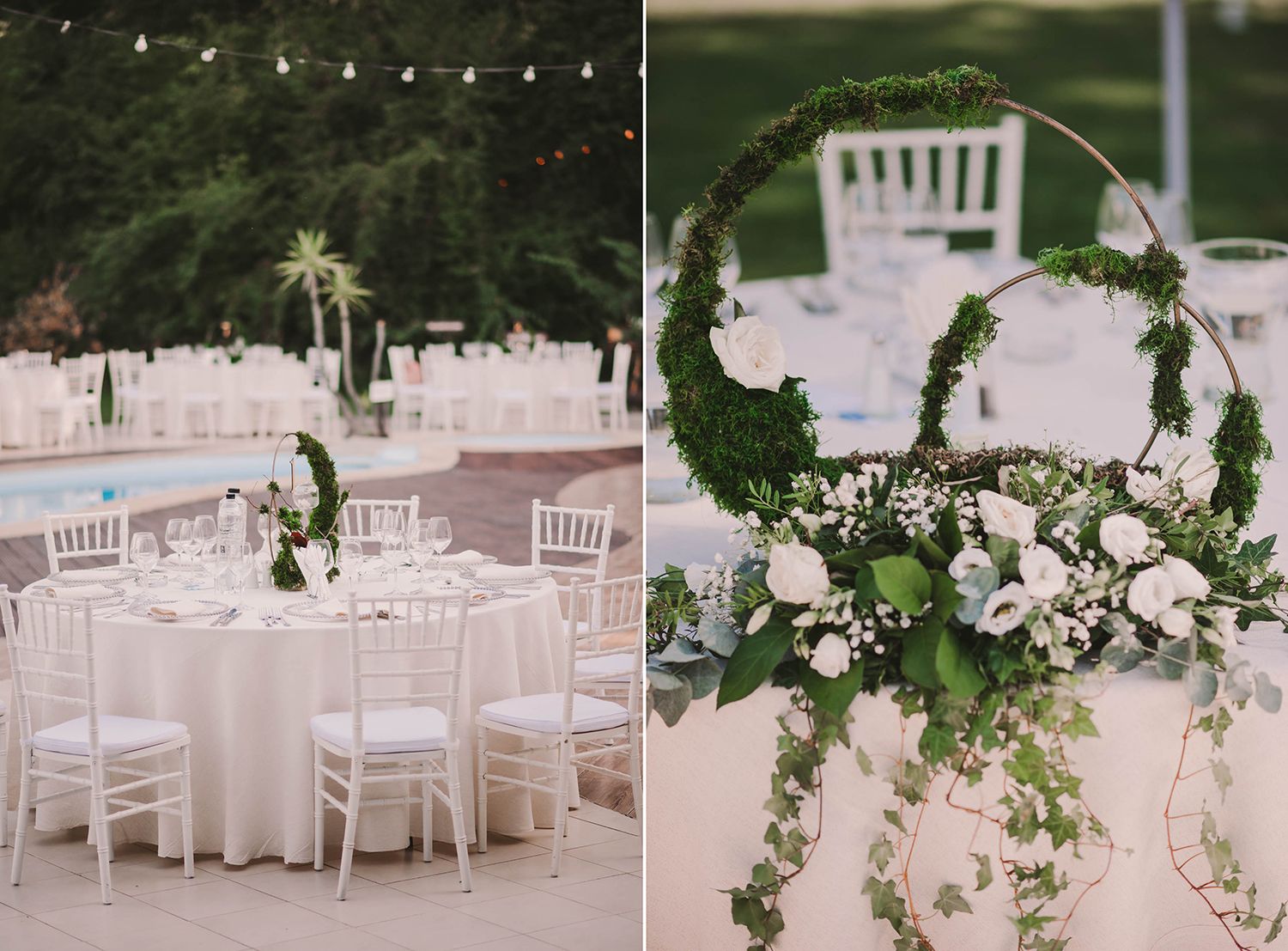 Elegant white wedding reception tables decorated with hanging greenery and floral arrangements.
