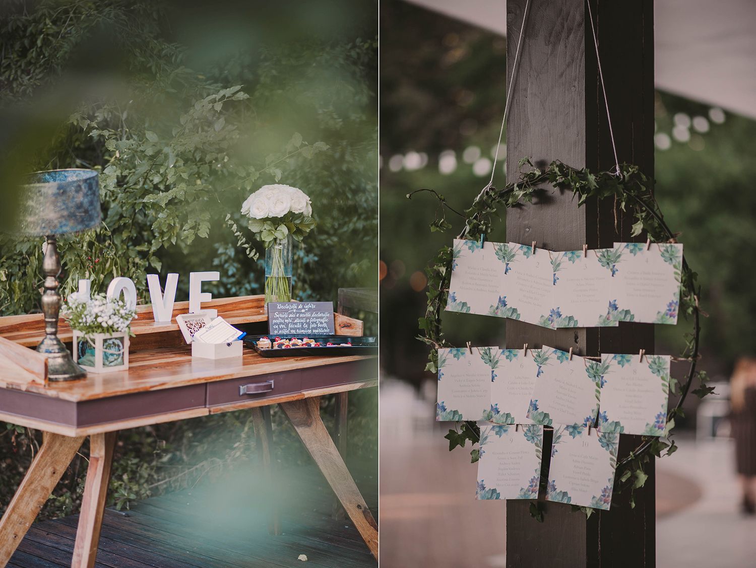 Wedding reception table setup with greenery and place cards on wooden display.