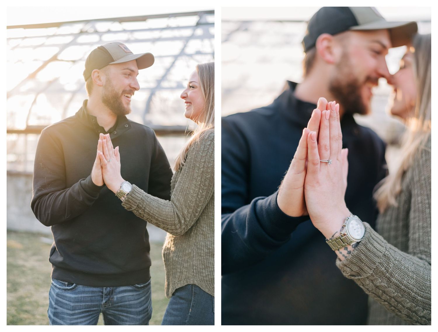 collage of engaged couple holding hands, close up photo of engagement ring