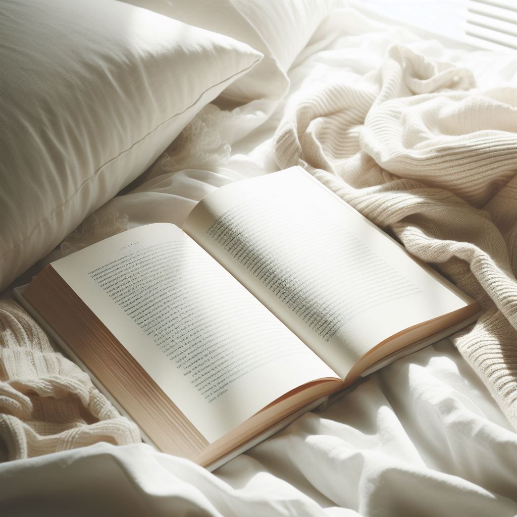 a book laying open on a bed with white covers