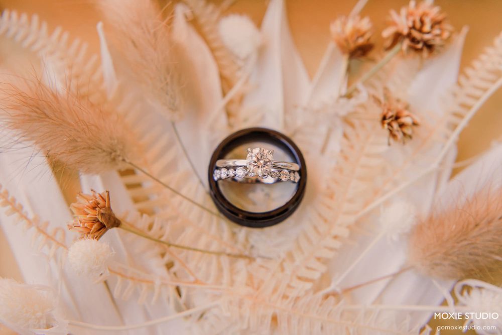 Wedding rings and delicate feathers create an ethereal composition in warm peach tones.