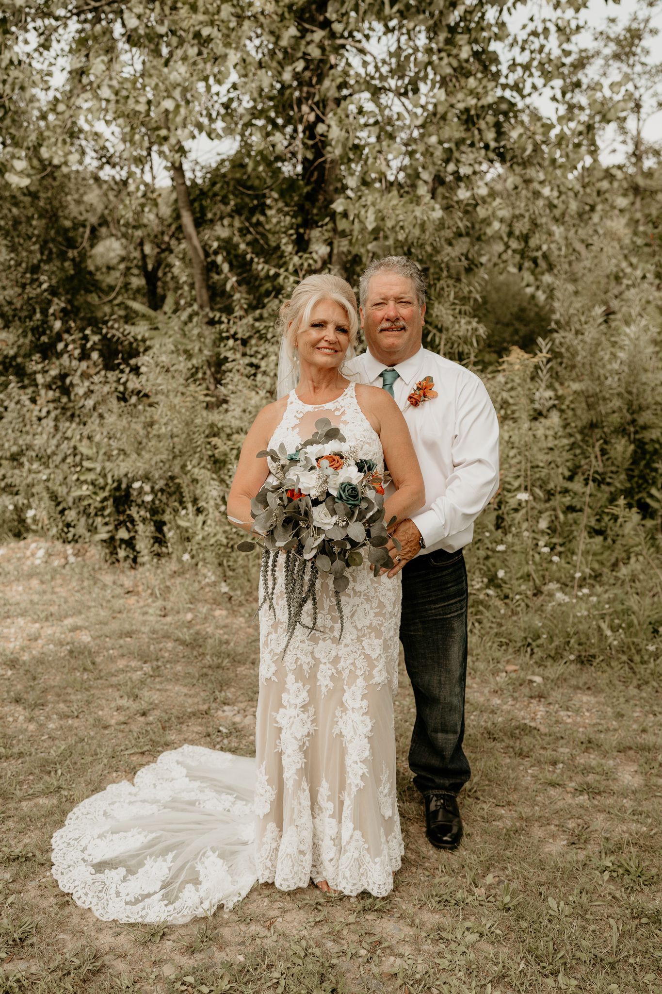 A series of romantic wedding portraits taken outdoors showing tender moments between a couple in formal attire.