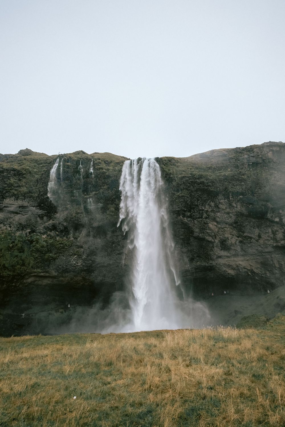 Majestic waterfall plunges down dark cliffs surrounded by green grassland.