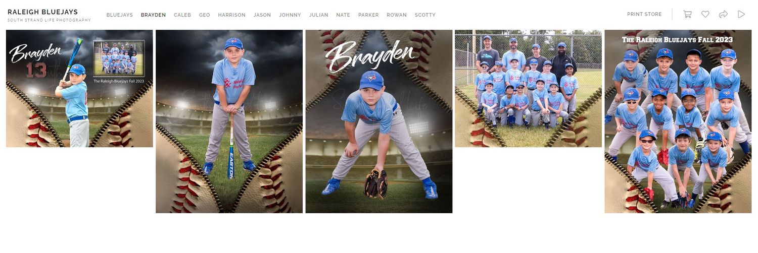 Collection of baseball team photos showing players in light blue uniforms with dramatic lighting effects.