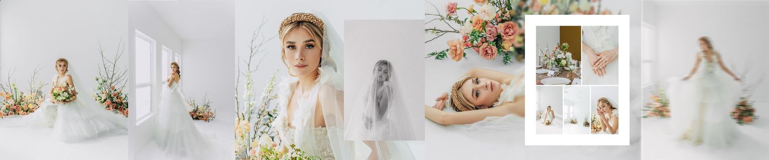 Collage of elegant bridal portraits in white room with peach floral arrangements.
