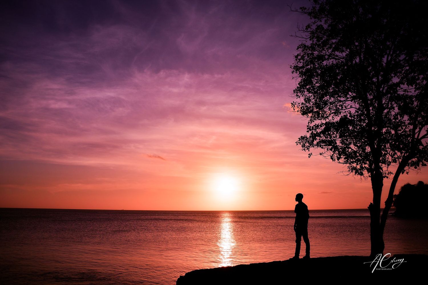 Silhouette of figures watching a vibrant orange sunset over a calm ocean.