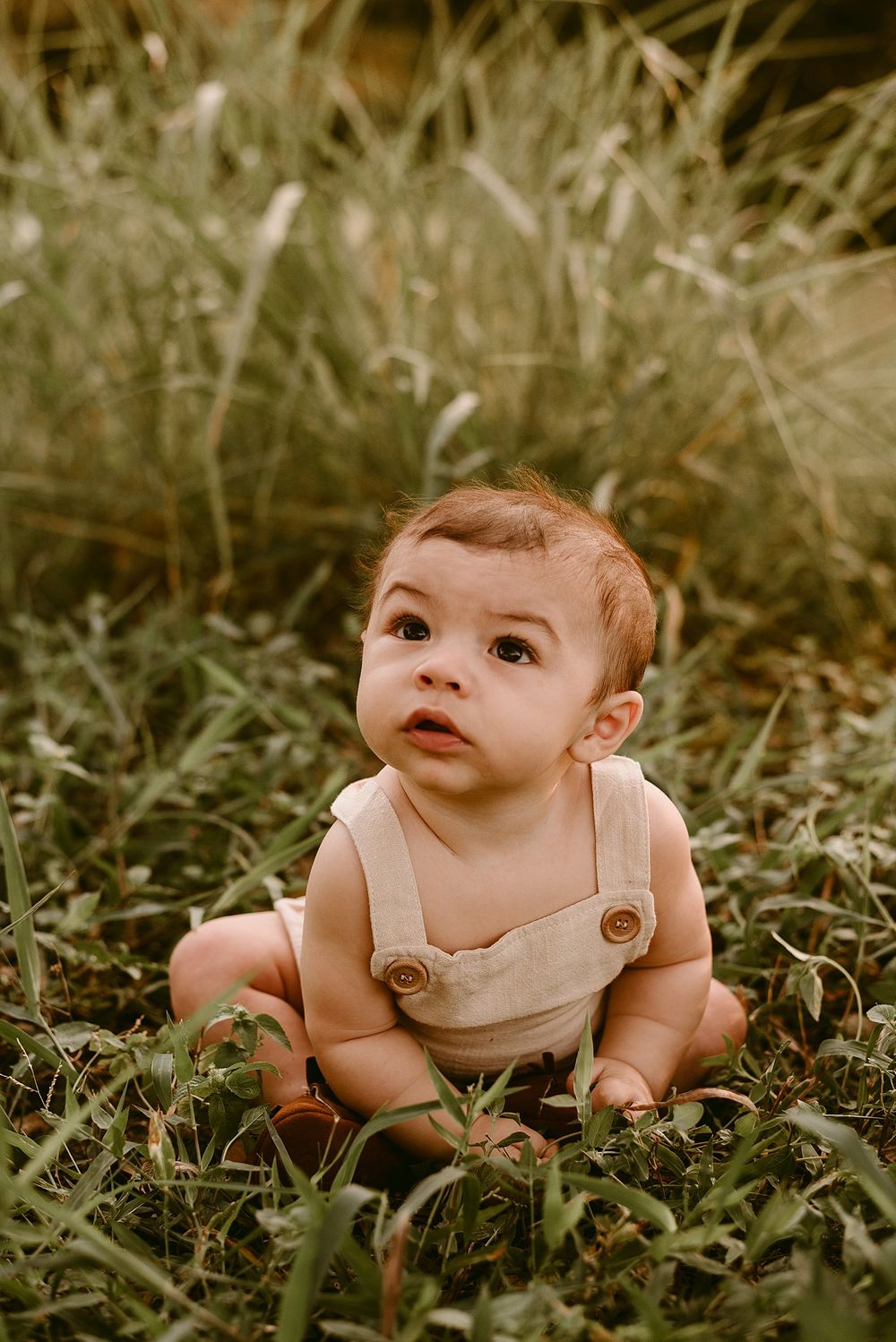 Baby wearing tan overalls sits in tall grass looking up during golden hour photography session.