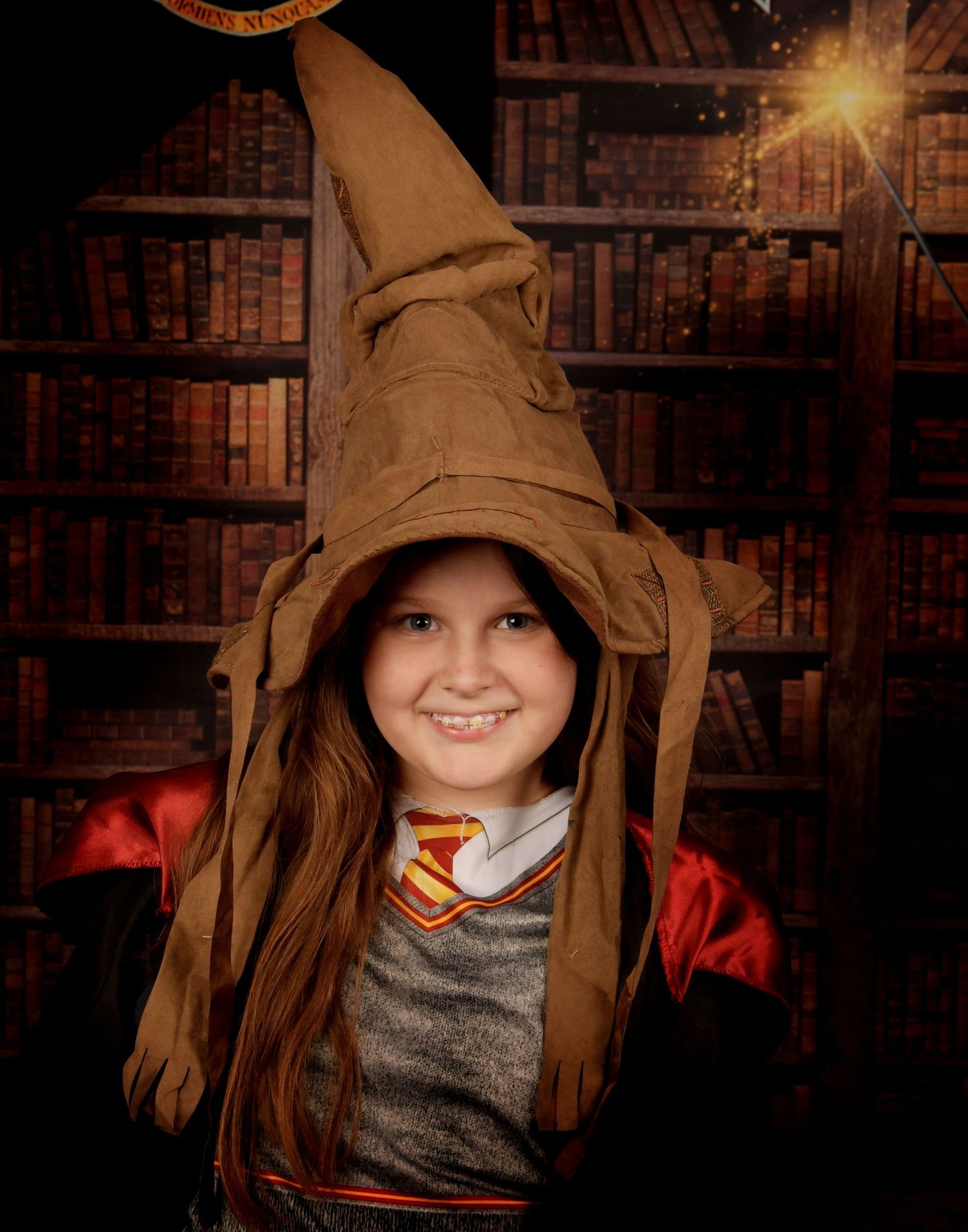 A magical portrait in a library setting with a brown sorting hat and Hogwarts house colors.