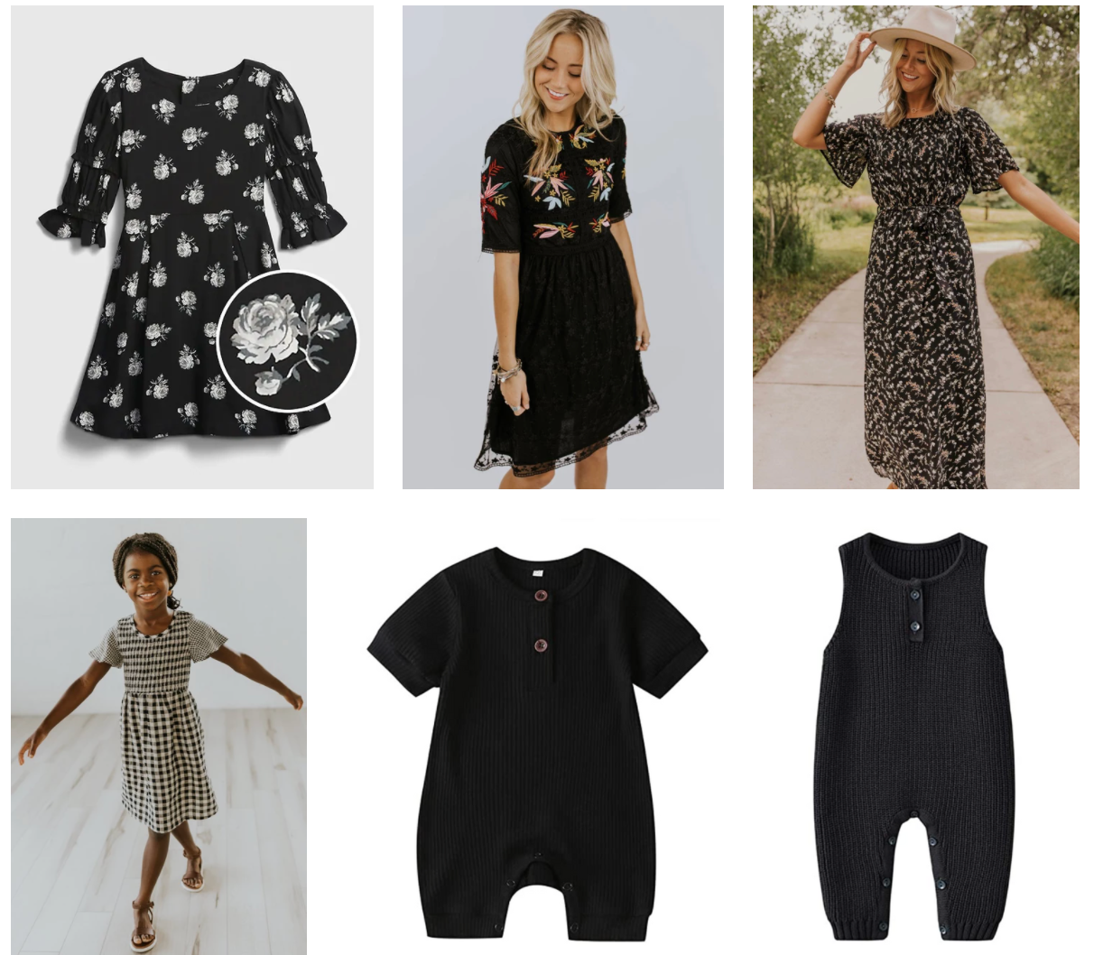 Collection of black floral dresses and rompers featuring vintage-inspired prints and silhouettes.