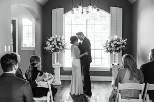 Black and white photos showing bride and groom in a sunlit room with elegant decor.