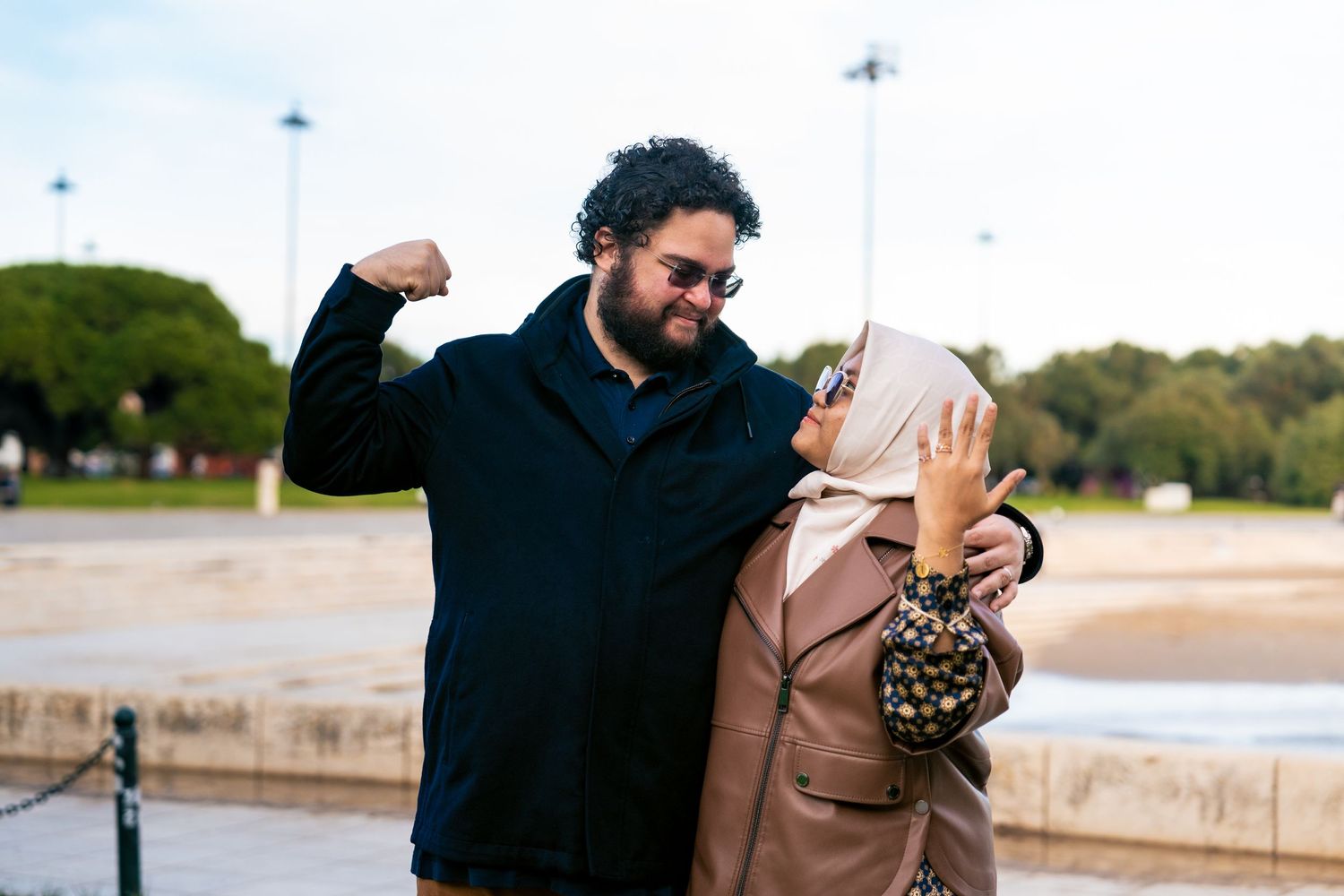 Series of candid outdoor moments showing affection and connection between two people.