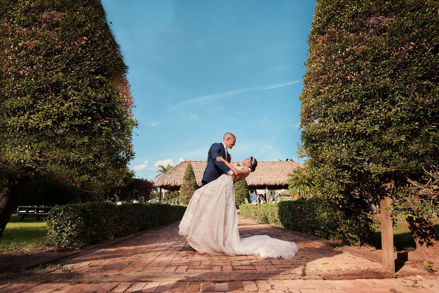 Wedding couple in an elegant garden setting with manicured hedges and blue sky.