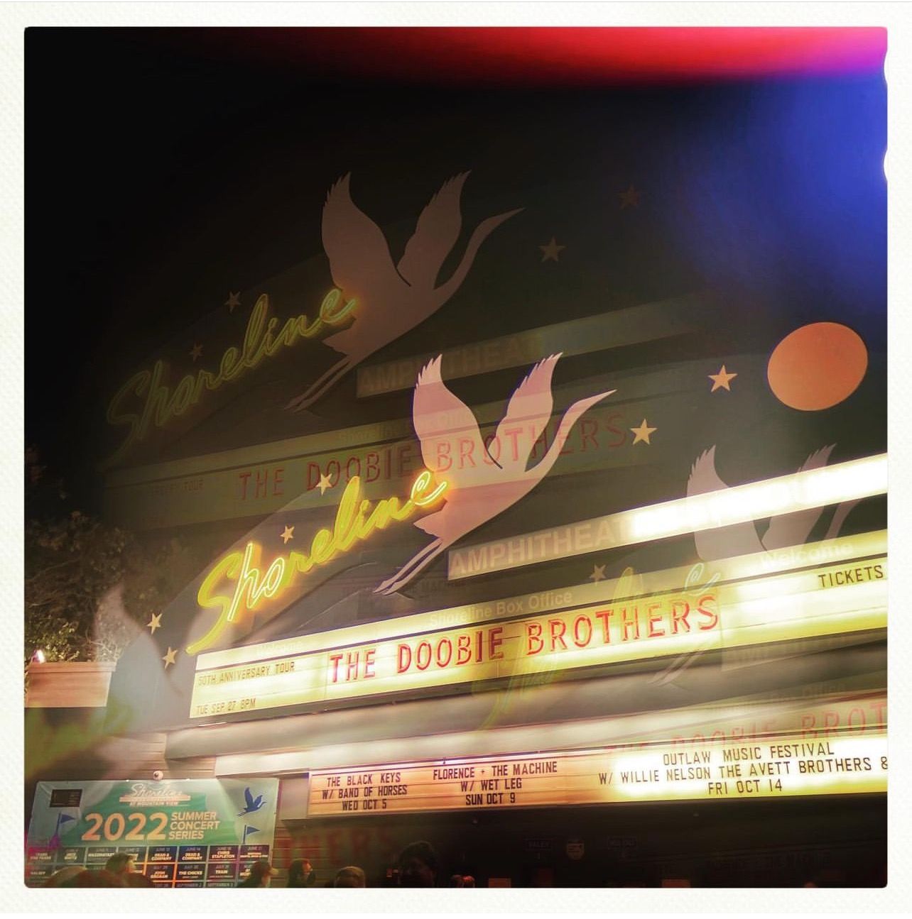 The Doobie Brothers at Shoreline Amphitheatre, 2023 - Mountain View, CA - Concert, marquee, bird, crane, double exposure