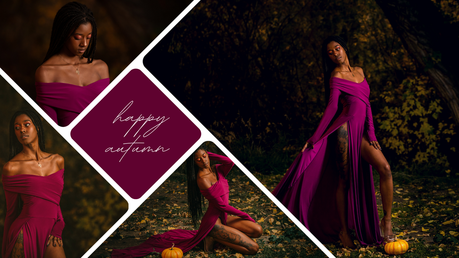 Elegant photo collage of maternity portraits in magenta dress against dark outdoor setting.