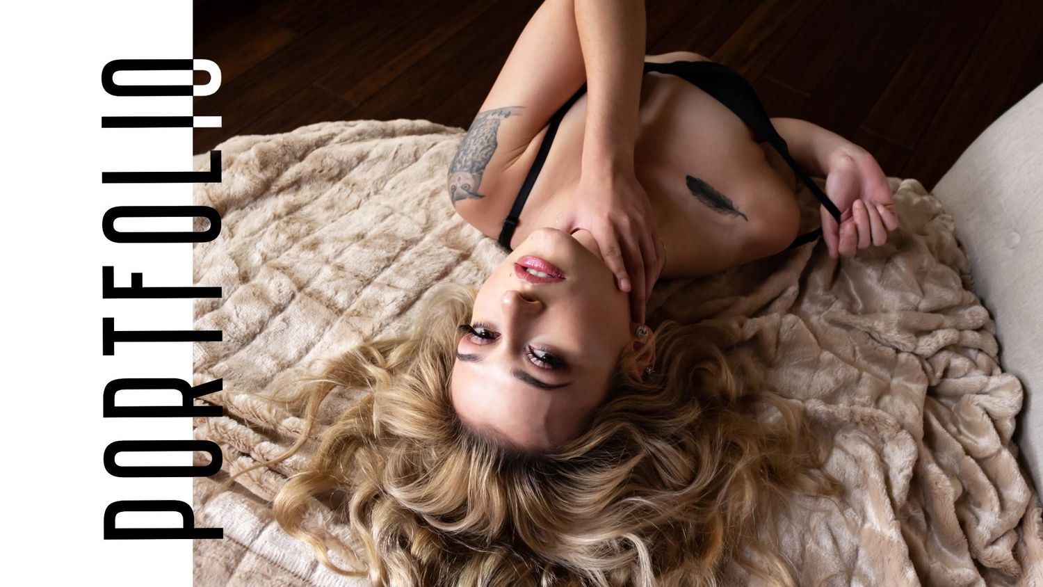 GORGEOUS BLONDE STROKING HER NECK WHILE LOOKING DEEPLY INTO THE CAMERA LIFE IS SHORT DO THE PHOTOSHOOT PORTFOLIO BANNER
